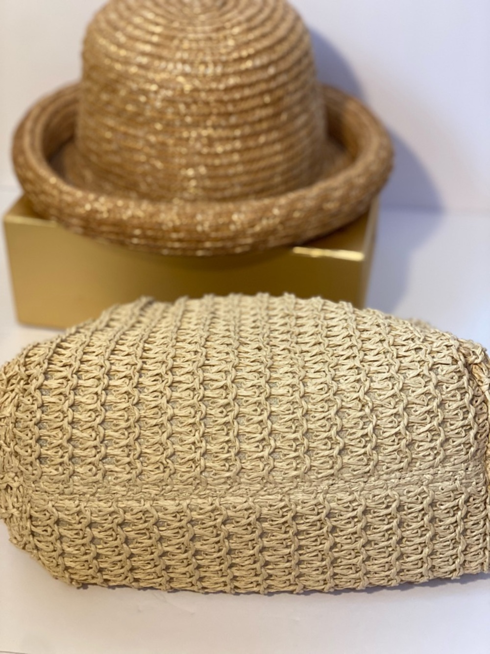 Woven Straw Clutch Bag with Chain Strap and Raffia Bowler Hat With Rolled Brim - Picture 8 of 9